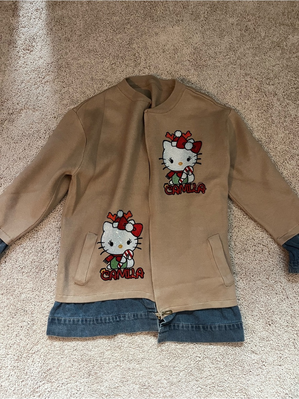 Hello Kitty Embroidered Tan Jacket with Denim Trim